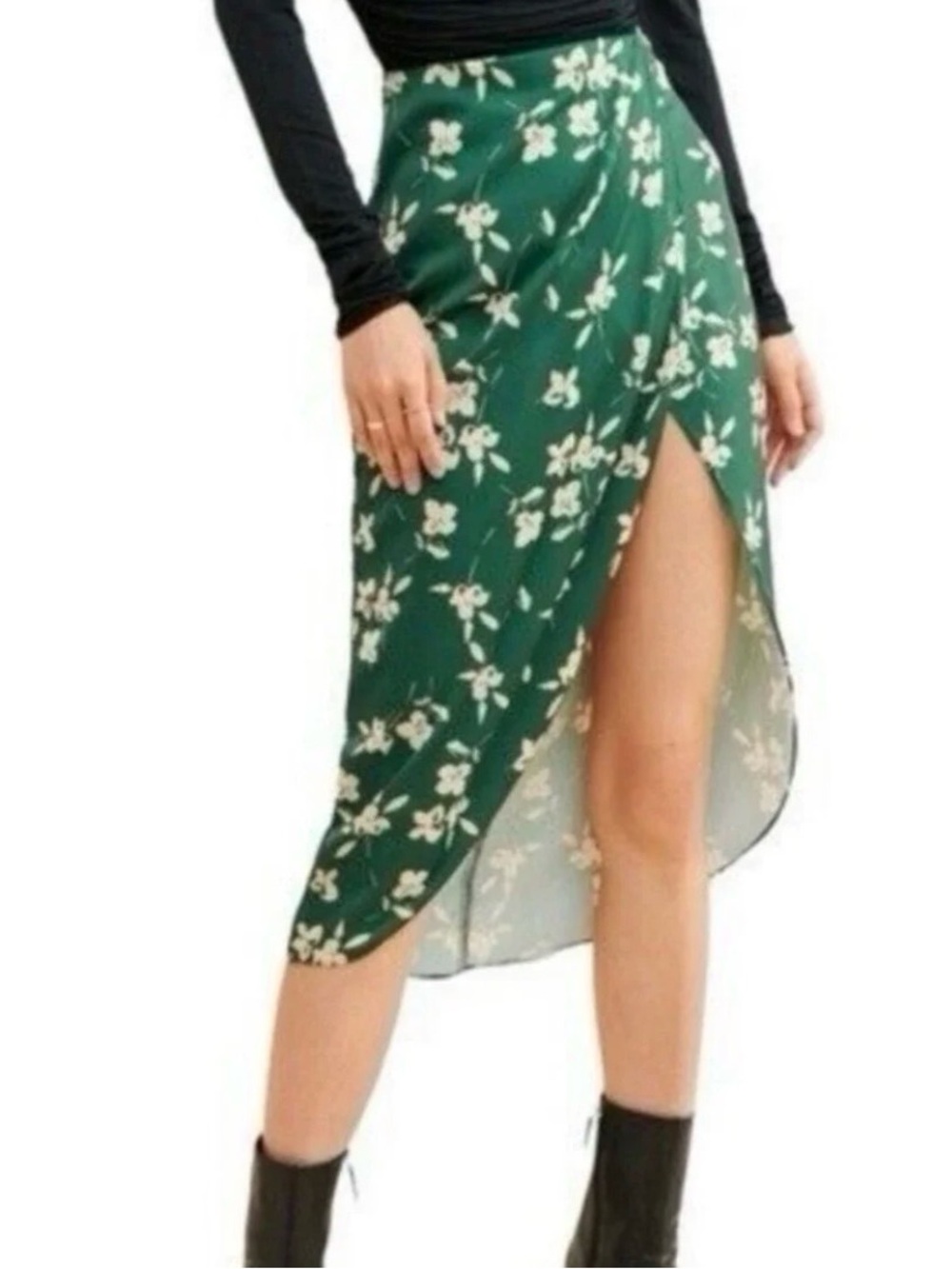 Urban Outfitters Green Floral High-Low Wrap Skirt with Front Slit small